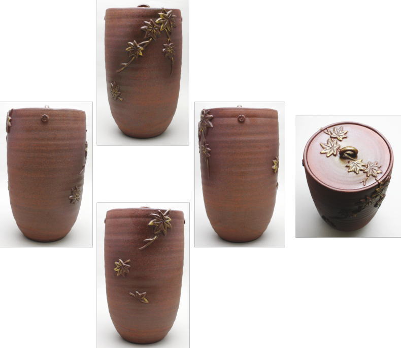 茶道具 水指 水差し 細水指 中置 浮彫り 紅葉 中村秋峰作 茶道