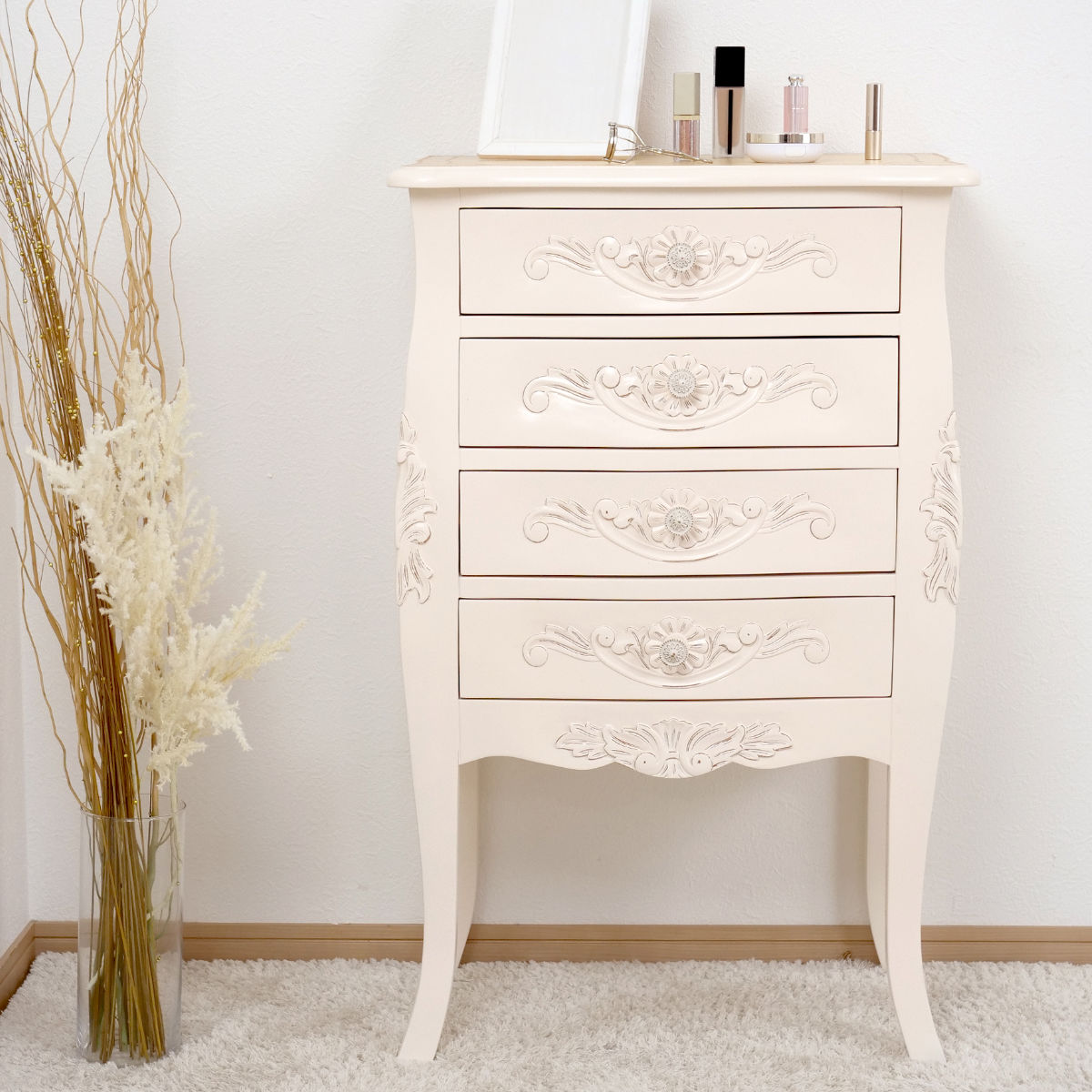 チェスト 4段 コモ （ キャビネット 手彫り ロココ調 猫脚 収納 家具