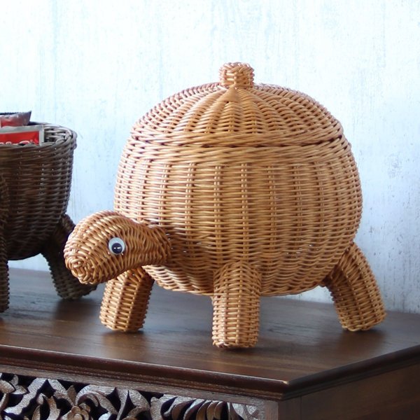 籐 ふた付きバスケット カメ ラタン製 幅26cm （ 動物 アニマル かご