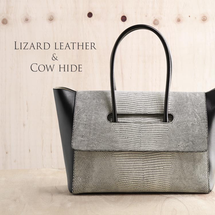 5%offクーポン]リザード トートバッグ A4 サイズ 対応 バニラ染め 牛革