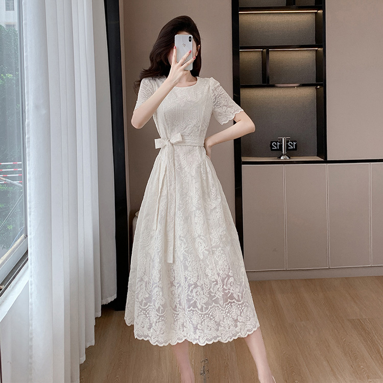 レース ワンピース Aライン ウエストリボン 花柄 刺繍 シースルー