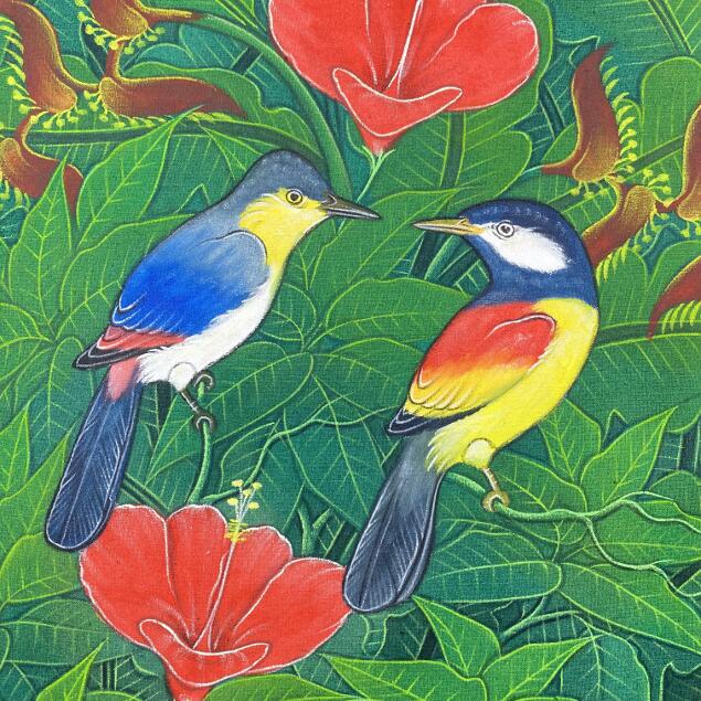 バリ絵画 ブンゴセカン 鳥の絵 ハイビスカス 赤 2柄 W43×H53cm バリ