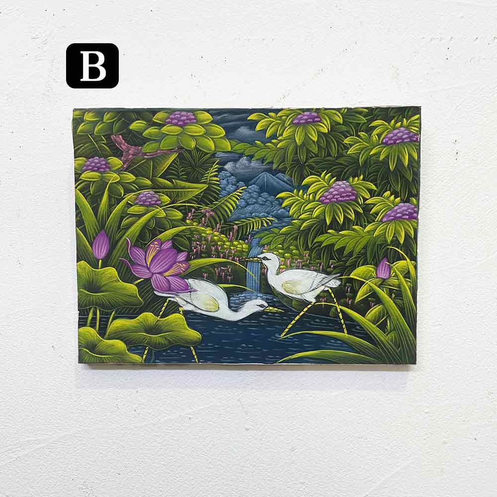バリ絵画 鳥の絵 2羽 小鳥 白サギ W40×H30cm ブンゴセカン 癒し 花鳥