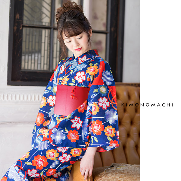 KIMONOMACHI 浴衣 レディース セット オリジナル 「青色 枝垂れ桜に笠
