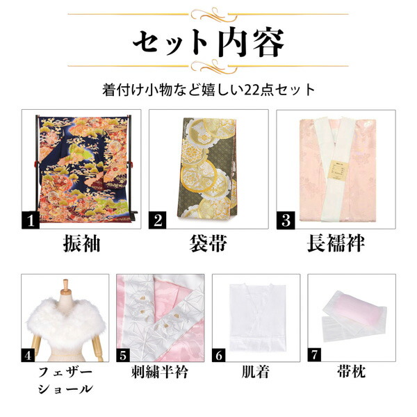 未仕立て 振袖 22点セット「濃紺 雲取り花と鶴薬玉」仮絵羽 振り袖