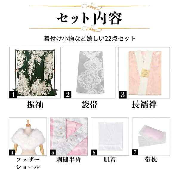 未仕立て 振袖 22点セット「東京レトロ 深緑 百合に乱菊」仮絵羽