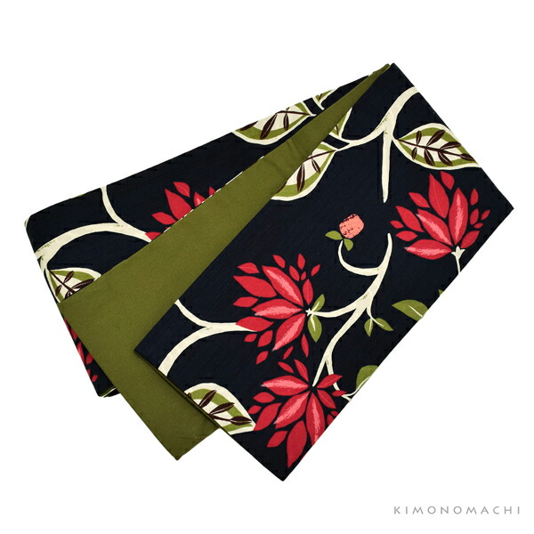 KIMONOMACHI 木綿半幅帯「ネイビーブラック モダンフラワー」日本製