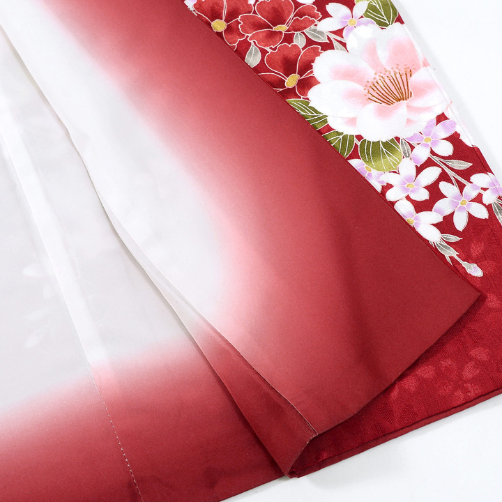 中古品)仕立て上がり 振袖「桃の花 臙脂色」貸衣装処分 レンタル処分品