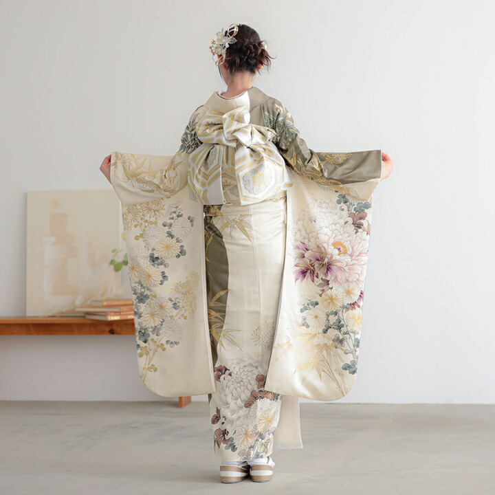 excite 振袖&袴フルセット クリームホワイト アイボリー 鳳凰 金駒