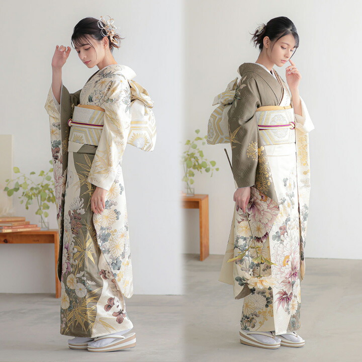 未仕立て 振袖 22点セット「オフホワイト×茶 菊牡丹に笹」仮絵羽