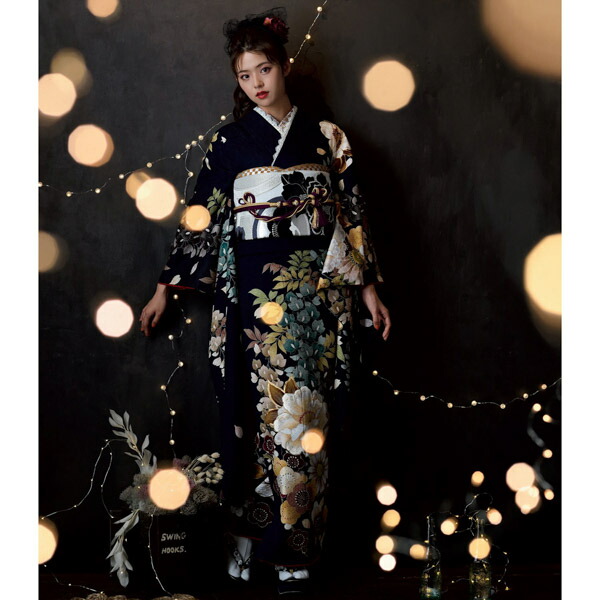 未仕立て 振袖 22点セット「Dear 墨黒 牡丹と藤花」仮絵羽 振り袖 正絹