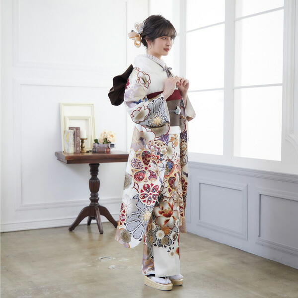 未仕立て 振袖 22点セット白 友禅 牡丹梅仮絵羽 振り袖 正絹 着物