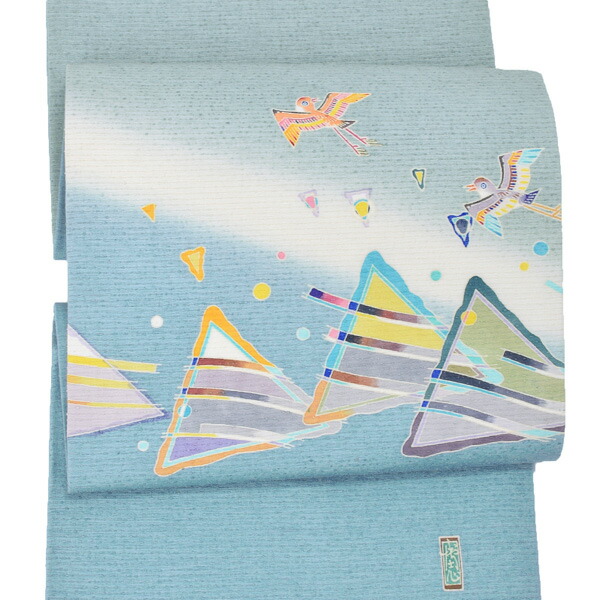 中古品)仕立て上がり 九寸名古屋帯 「暈し 空に幾何学 鳥」 本加賀友禅