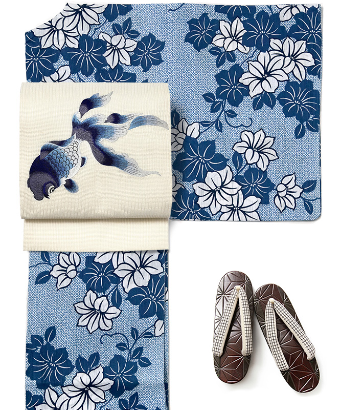 誉田屋源兵衛 名古屋帯 金魚 オフ白 紺 刺繍 正絹 夏着物 仕立て上がり