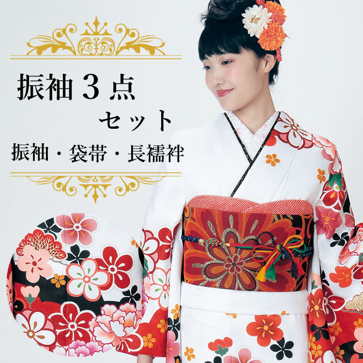 H.L（アッシュ・エル） 振袖3点セット 白地赤雲取り吉祥花 振袖 袋帯