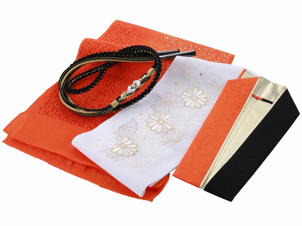 振袖用 正絹 帯揚げ・帯締め・重ね衿・半衿 4点セット オレンジ系 h