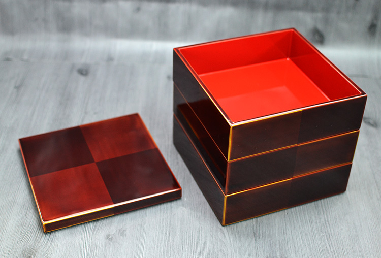 木製 3段 三段 重箱 越前漆器 日本製 国産 市松白檀 内朱 三段重 6寸 5