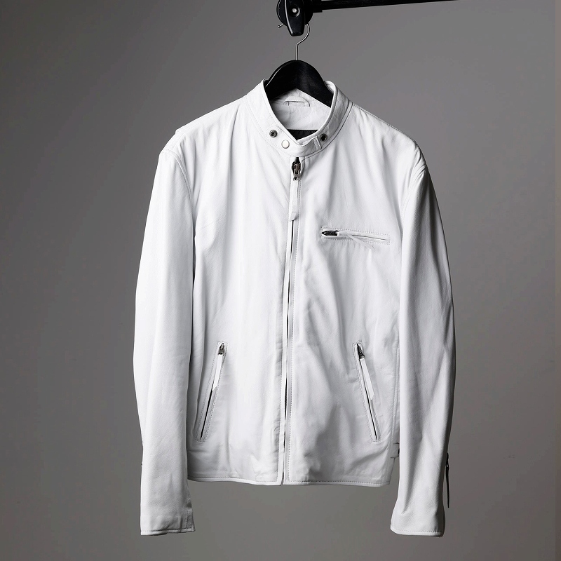 本革 ラムレザー】ホワイト シングルライダースジャケット メンズ
