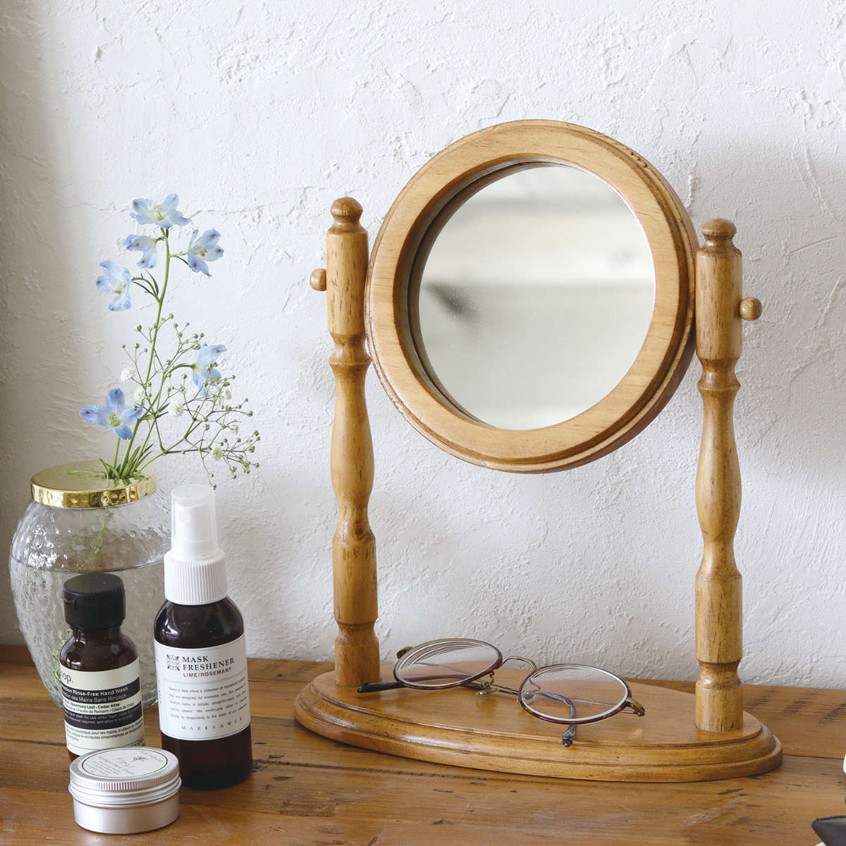 古い味のある卓上鏡 鏡台 ミラー 木製 回転式 丸型 民藝 レトロ