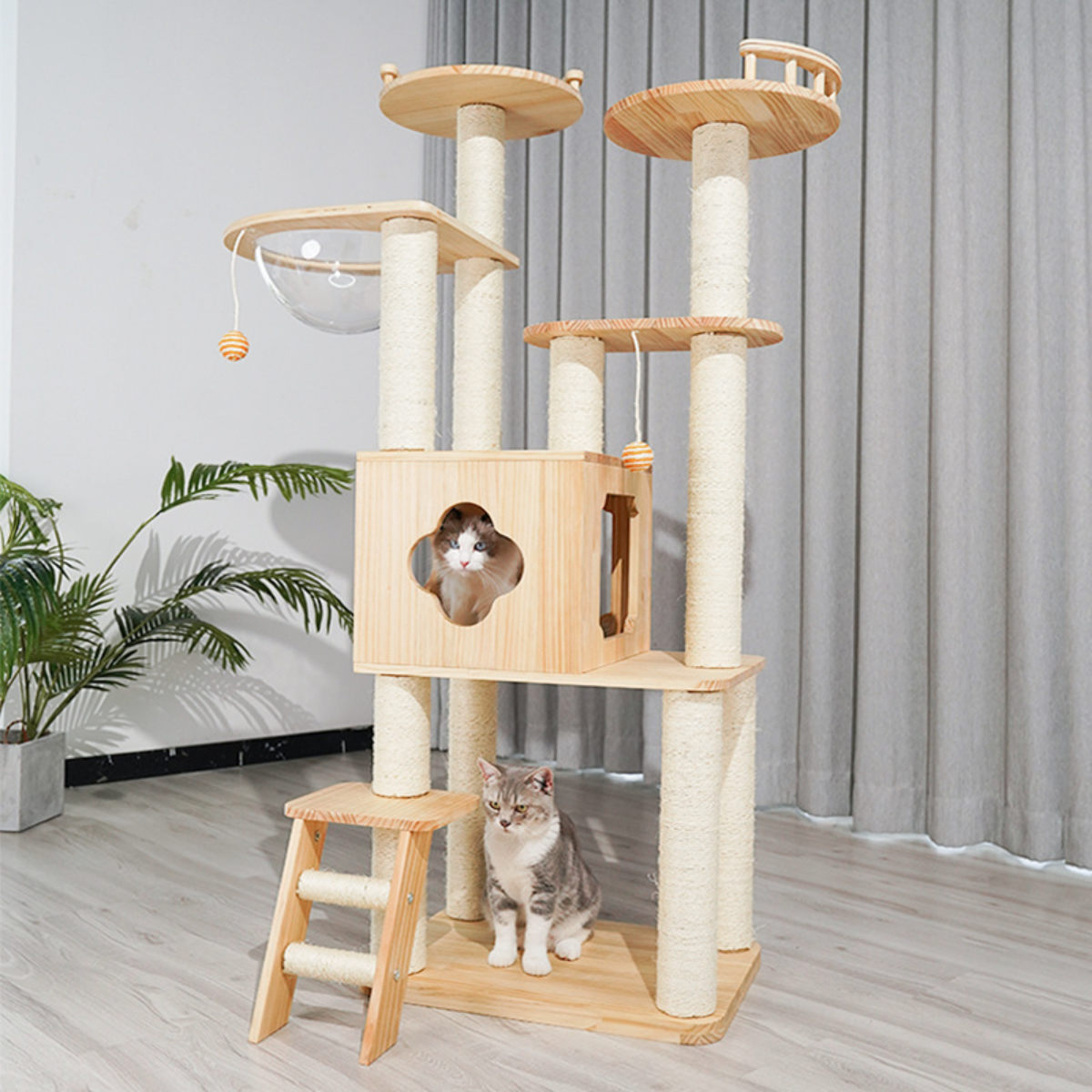 キャットタワー ねこぞく ツインタワー 木製 据え置き （ キャット