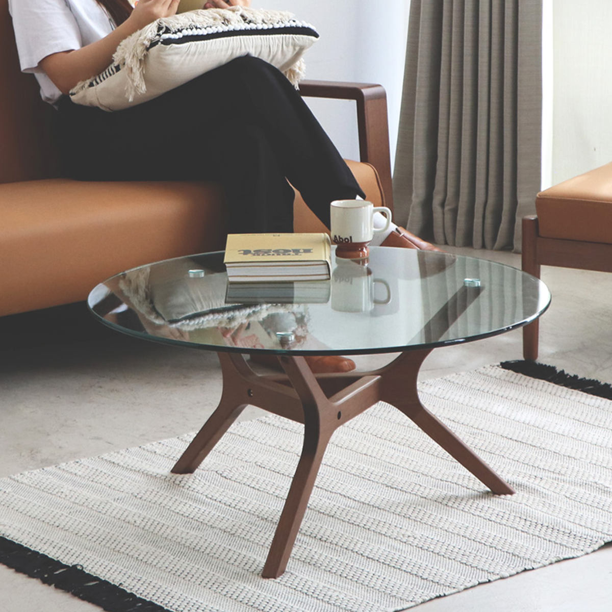 特注品【無垢材×ガラス天板】和モダン デスク ローテーブル 5杯 柿渋