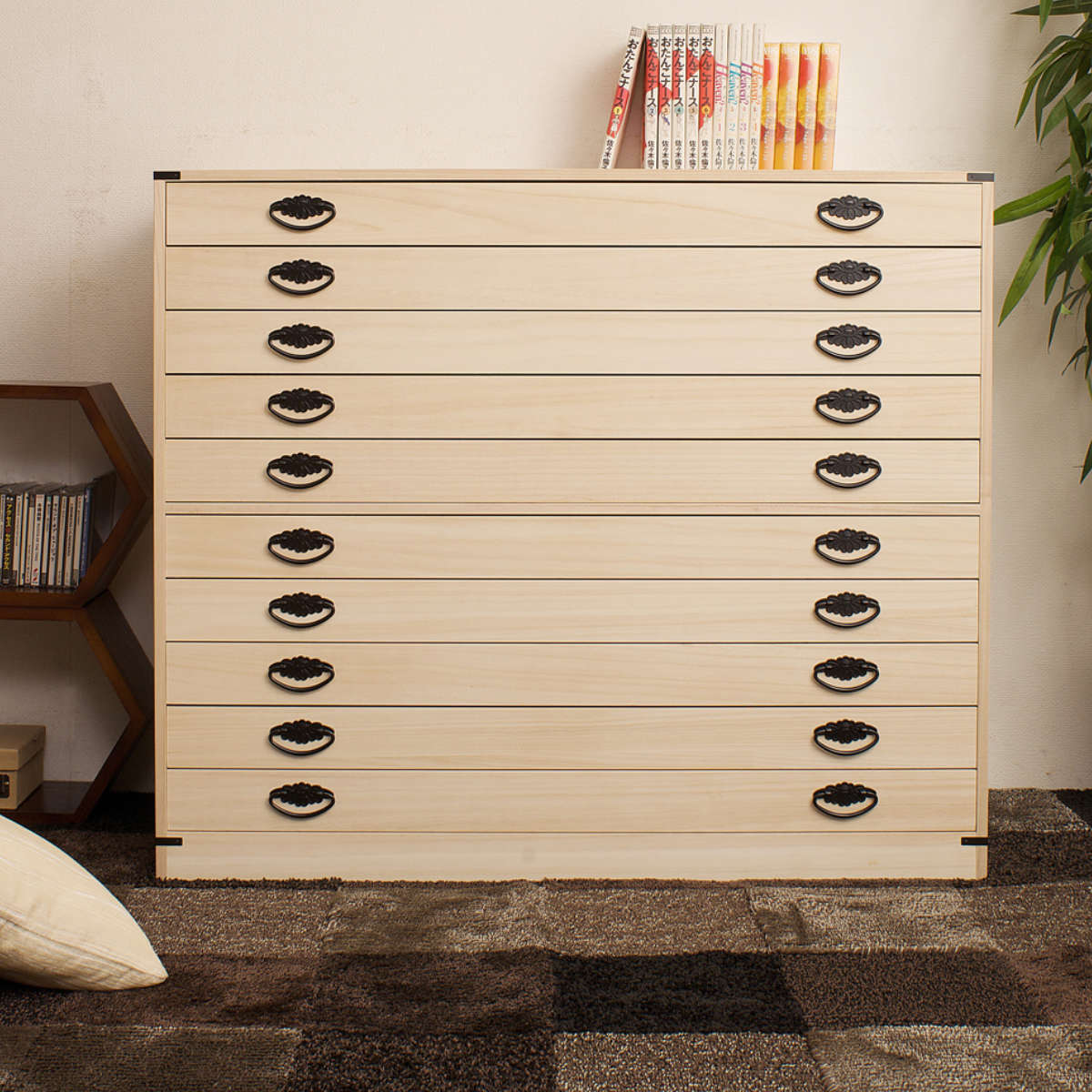 桐たんす 着物用 浅型 10段 桐タンス 台輪あり 日本製 約幅100cm （ 桐