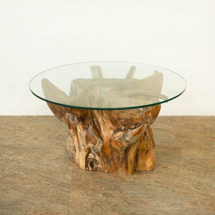 チーク無垢材 原木ローテーブル 切り株テーブル 無垢 木の根 ガラス天