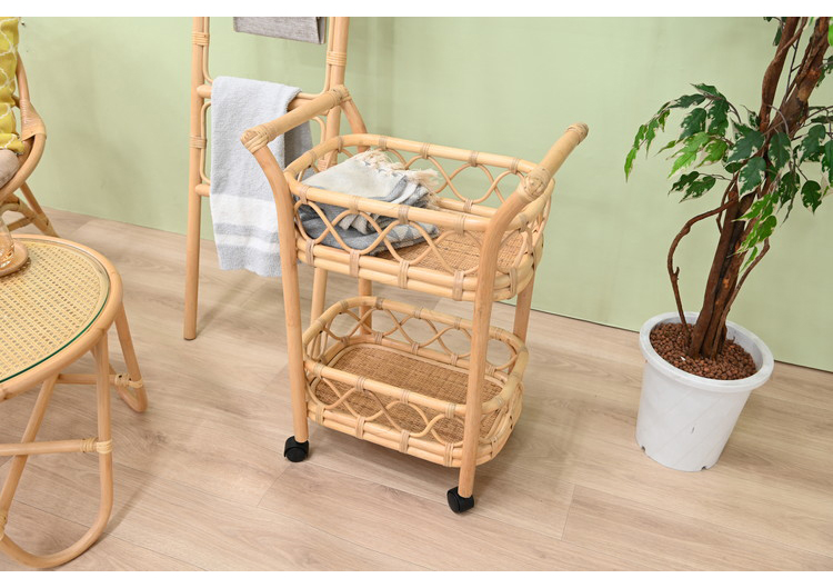 只今お値引き中・希少品】天然木ラタン籐ワゴン】引き出し2個付き 今週