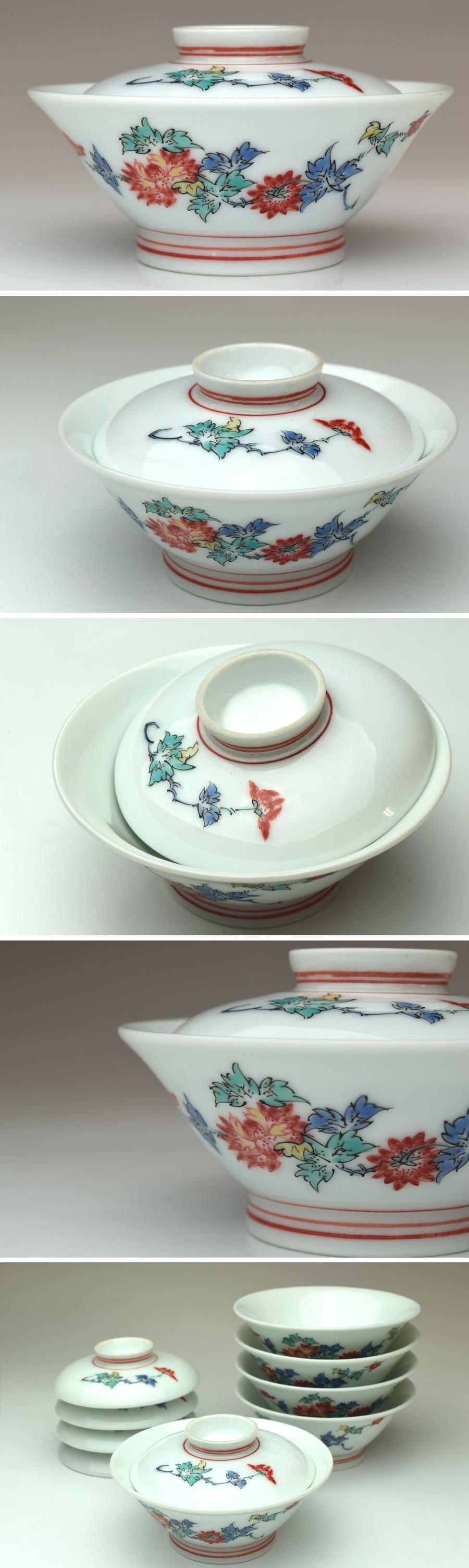 趣楽】 人間国宝 十三代 酒井田柿右衛門作 菊花文珍味入れ五客 直径