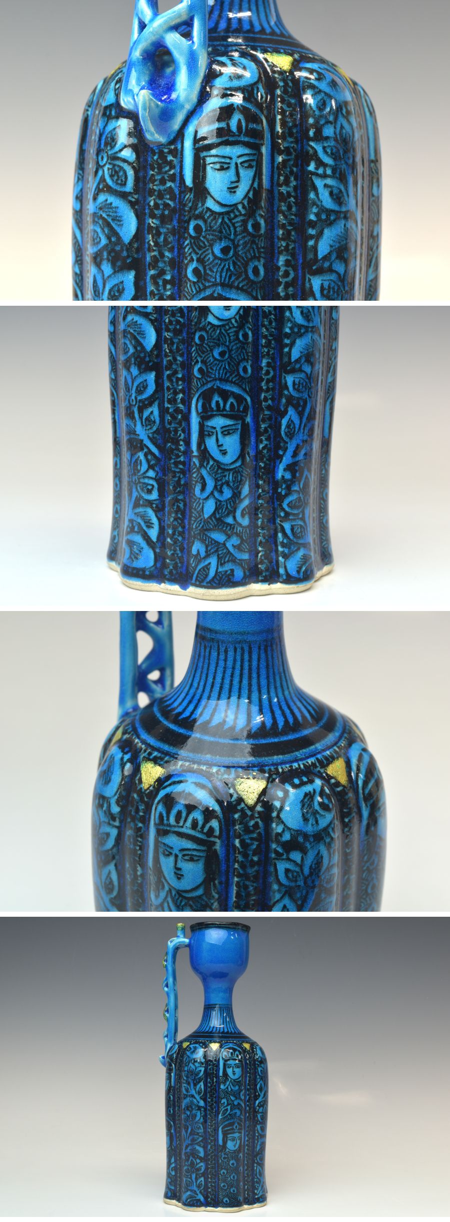 趣楽】 希少 人間国宝 【加藤卓男】作 『青釉胡姫文手付花入』 高さ