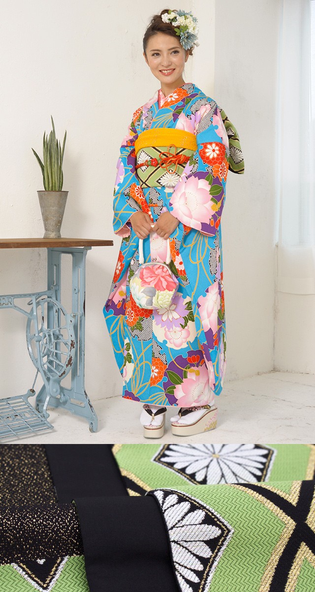 振袖 セット 未仕立て 仮絵羽 ターコイズブルー 雪輪 桜 梅 花 正絹
