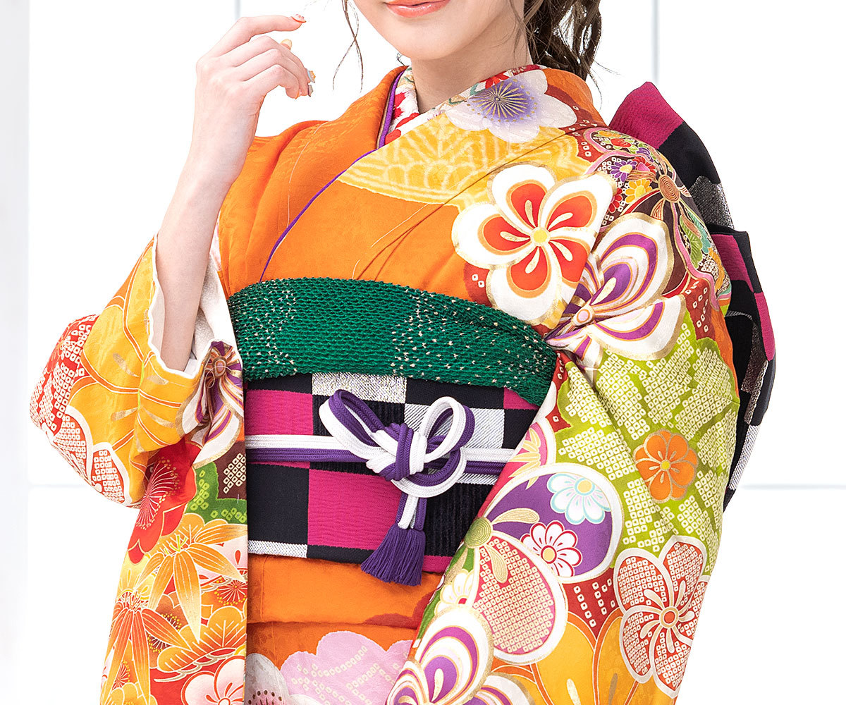 振袖 帯締め 半襟 セット 成人式 販売 日本製 7点セット 絵羽柄 橙色