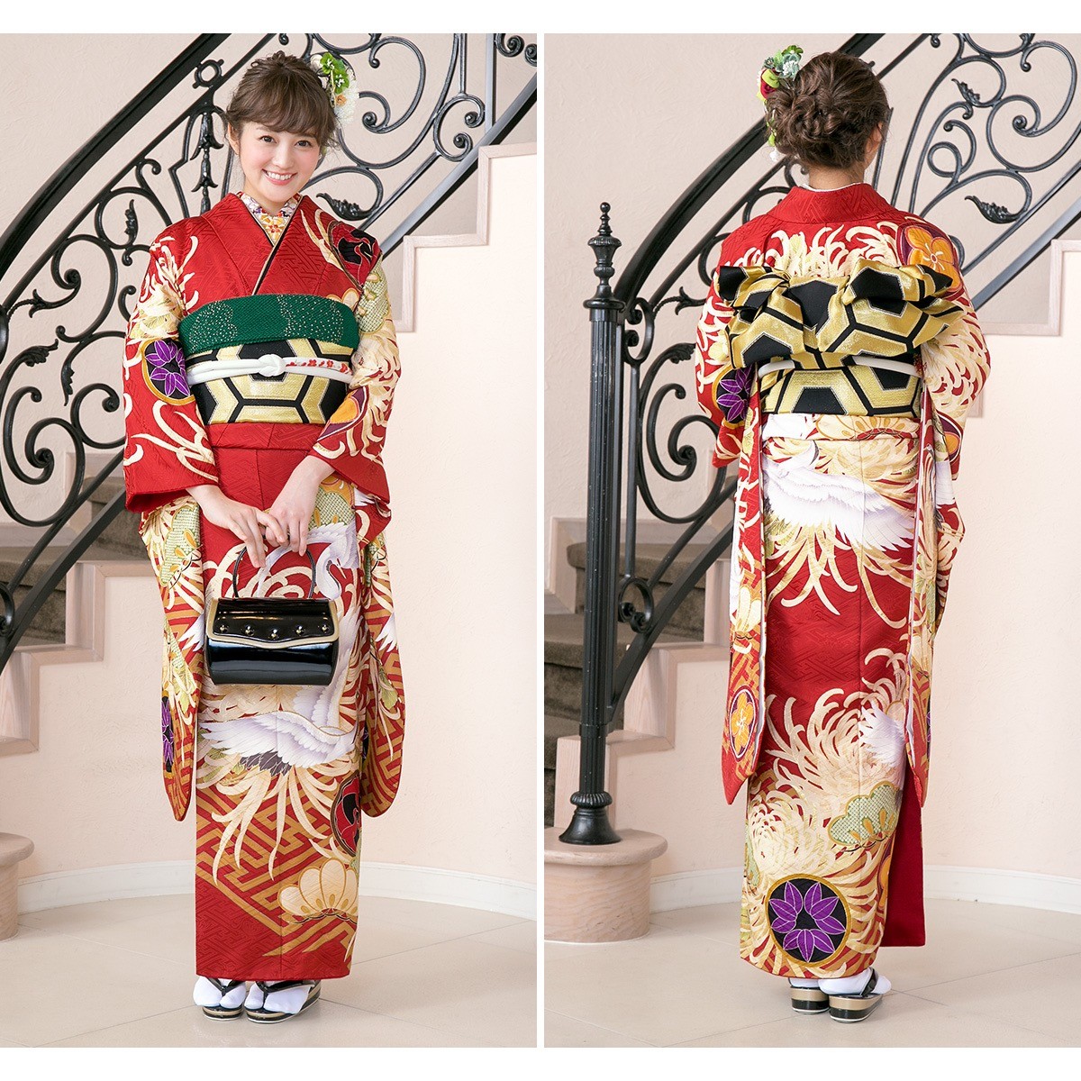 振袖セット 赤系 レッド 菊 紗綾型 鶴 丸文 花 絵羽柄 正絹 西陣織
