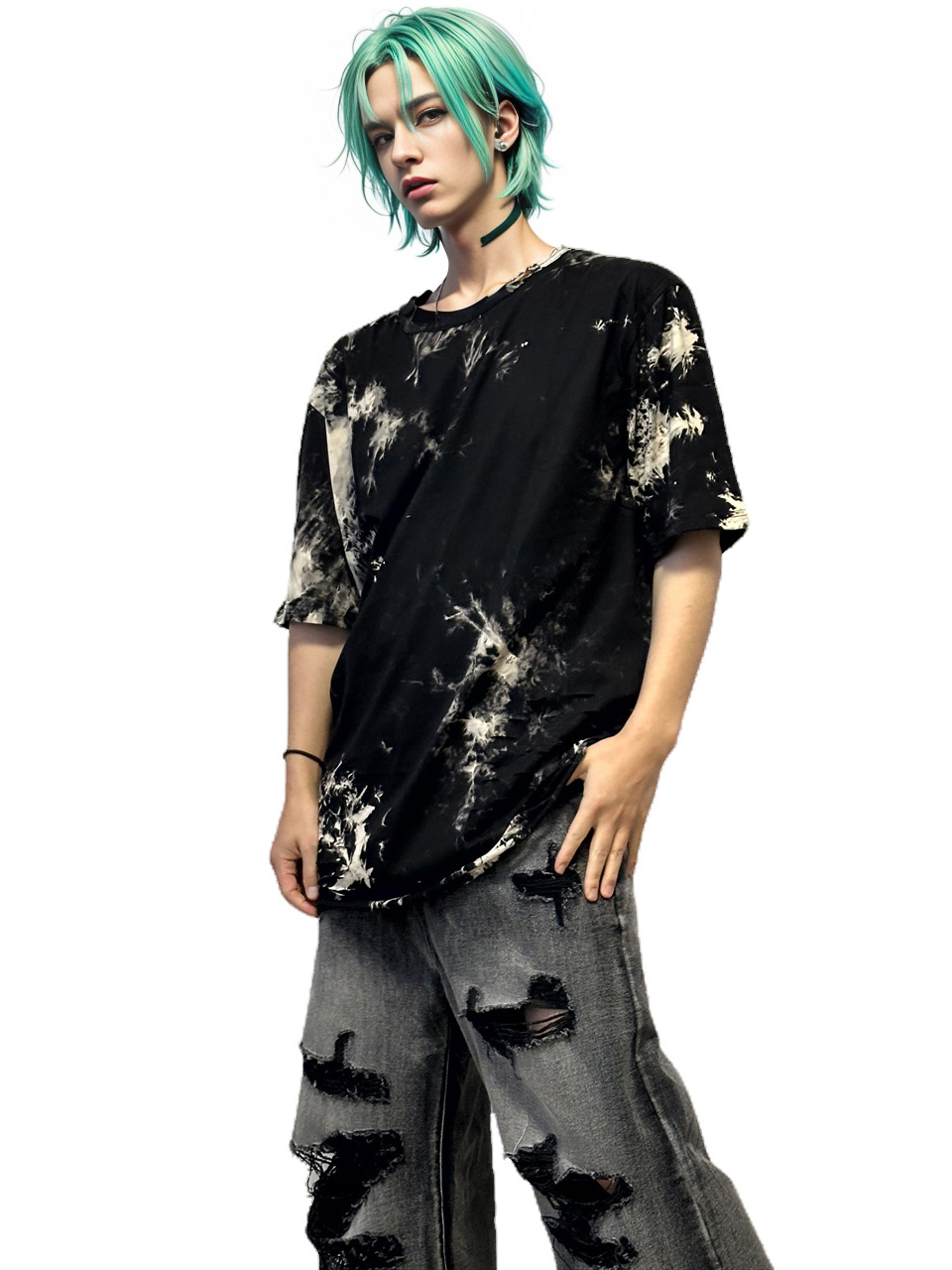 メンズ トップス ムラ染めダメージ加工Tシャツ タイダイ クルーネック