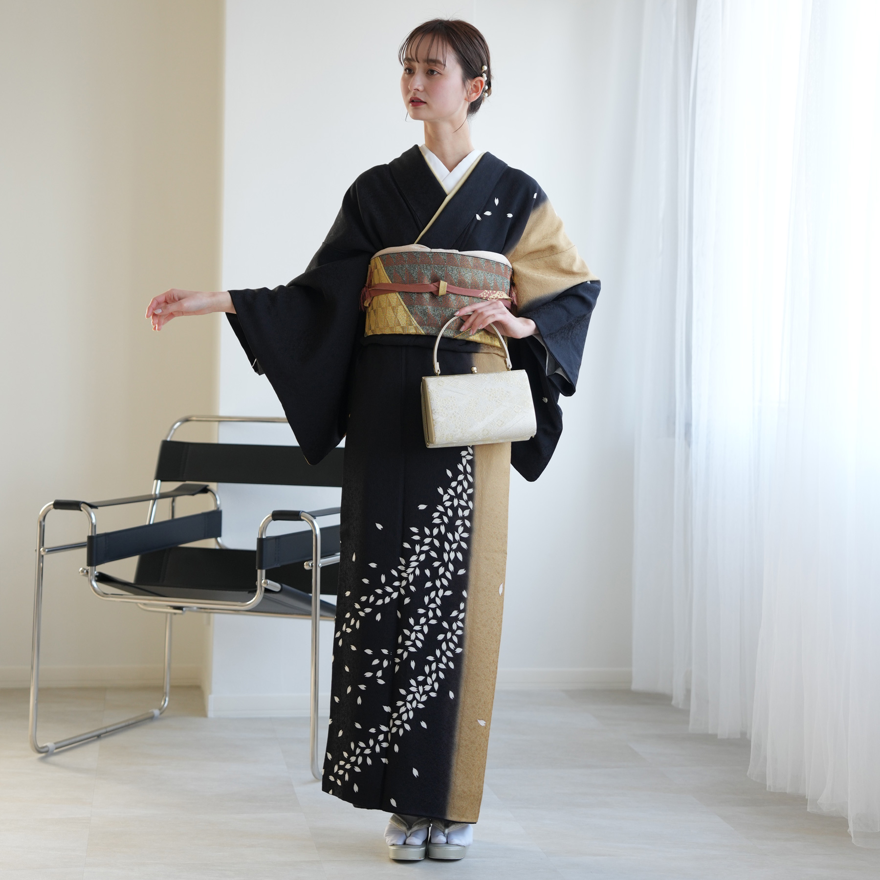 訪問着 レンタル おしゃれ 20点 フルセット 正絹 着物 花 黒系 七五三