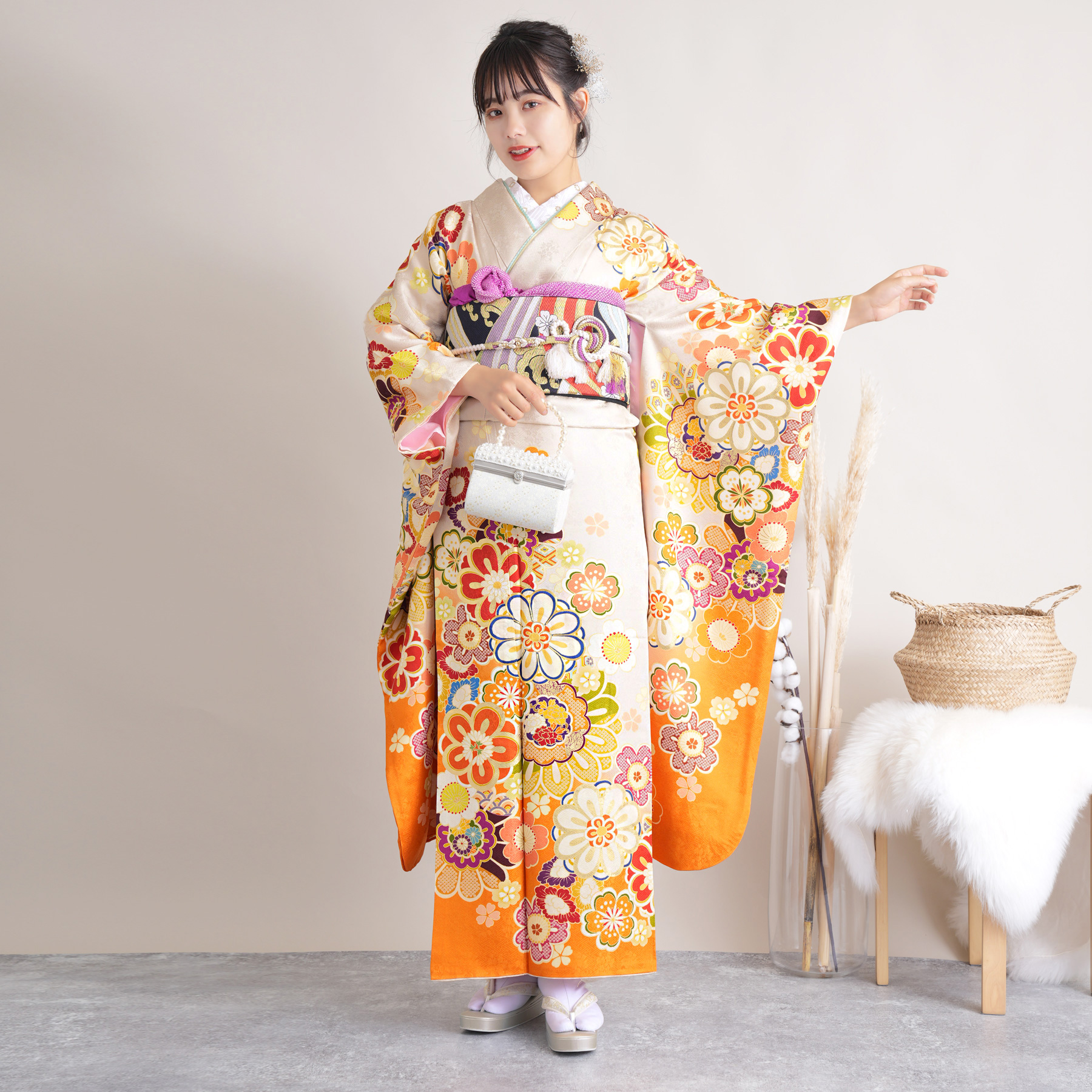 振袖 レンタル 成人式 21点セット レトロ 成人式セット 花 オレンジ系