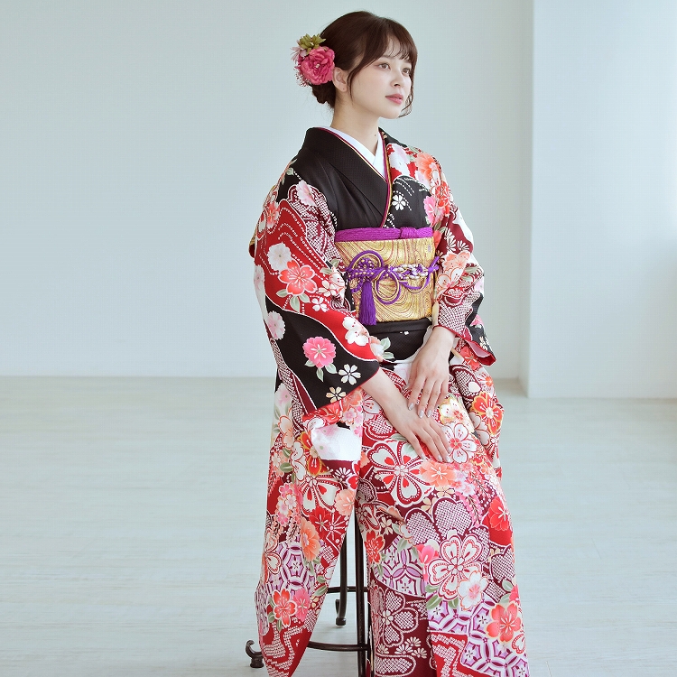 振袖 レンタル 成人式 21点セット レトロ 成人式セット 花 黒系 正絹