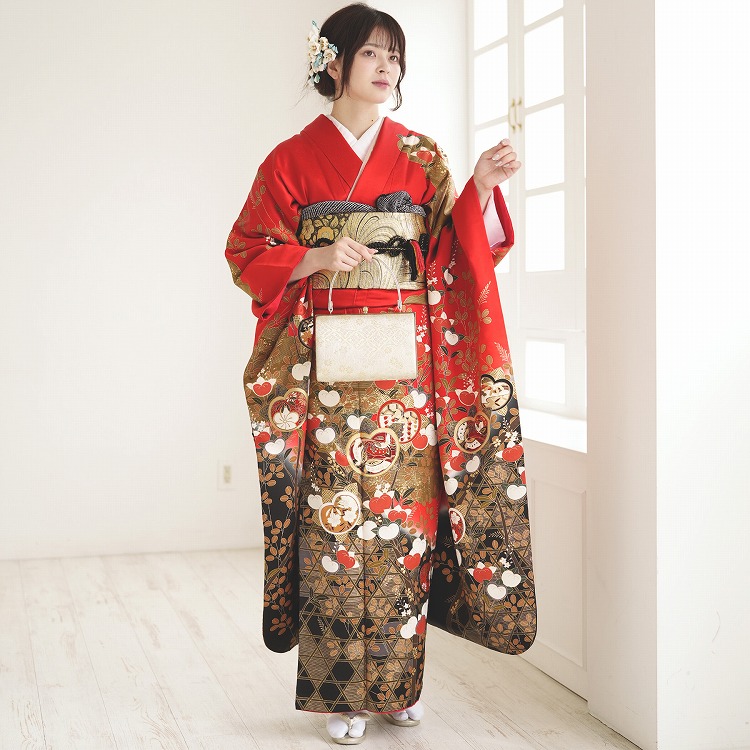 振袖 レンタル 成人式 21点セット レトロ 成人式セット 花 赤系 正絹