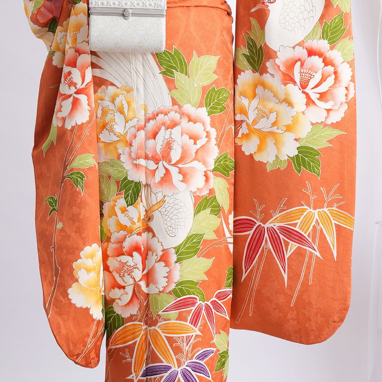 美品】振袖フルセット成人式6点セット オレンジ/緑/黒/ピンク/花柄