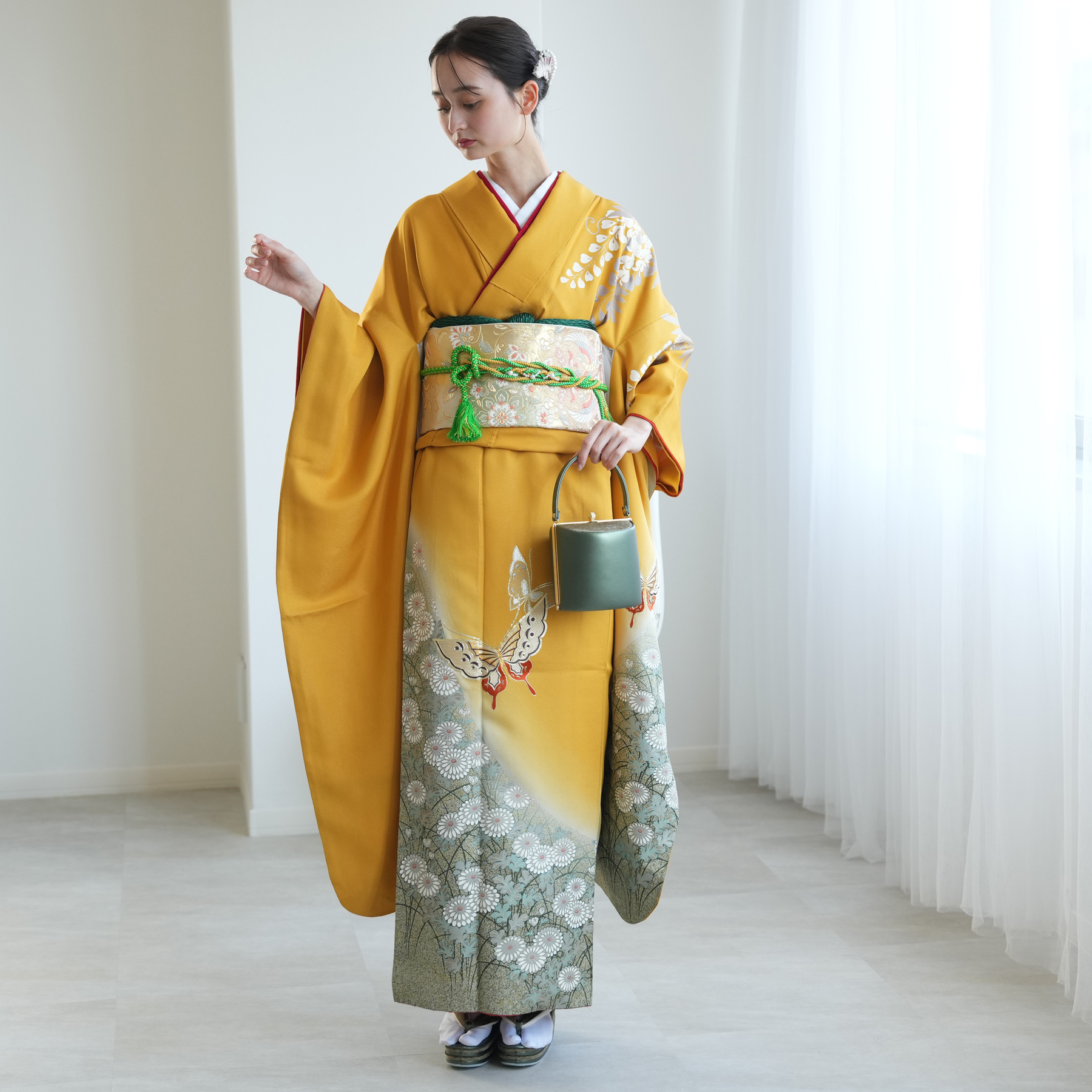 振袖 レンタル 成人式 21点セット レトロ 振袖セット 花 黄系 からし