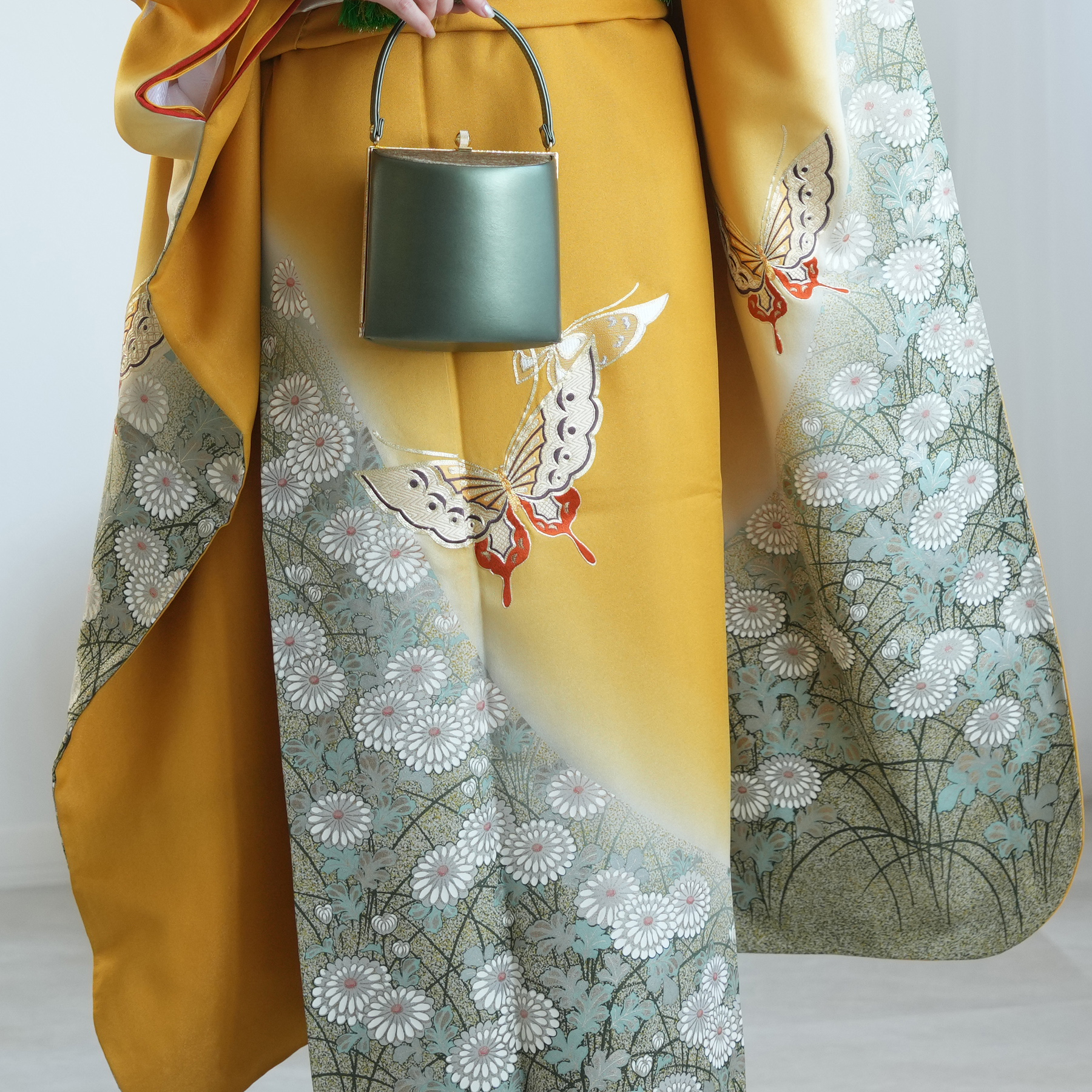 振袖 レンタル 成人式 21点セット レトロ 振袖セット 花 黄系 からし