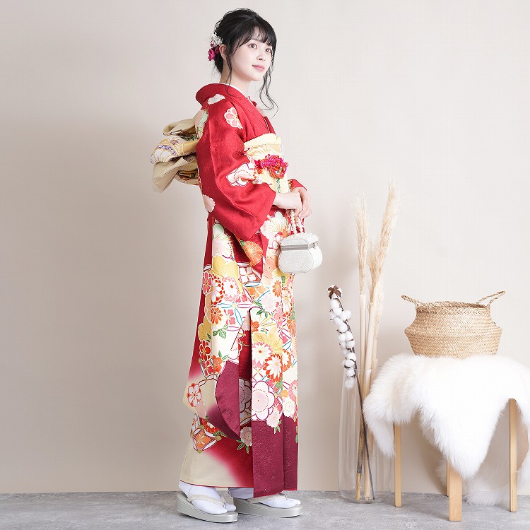 振袖 レンタル 成人式 21点セット レトロ 成人式セット 花 赤系 正絹