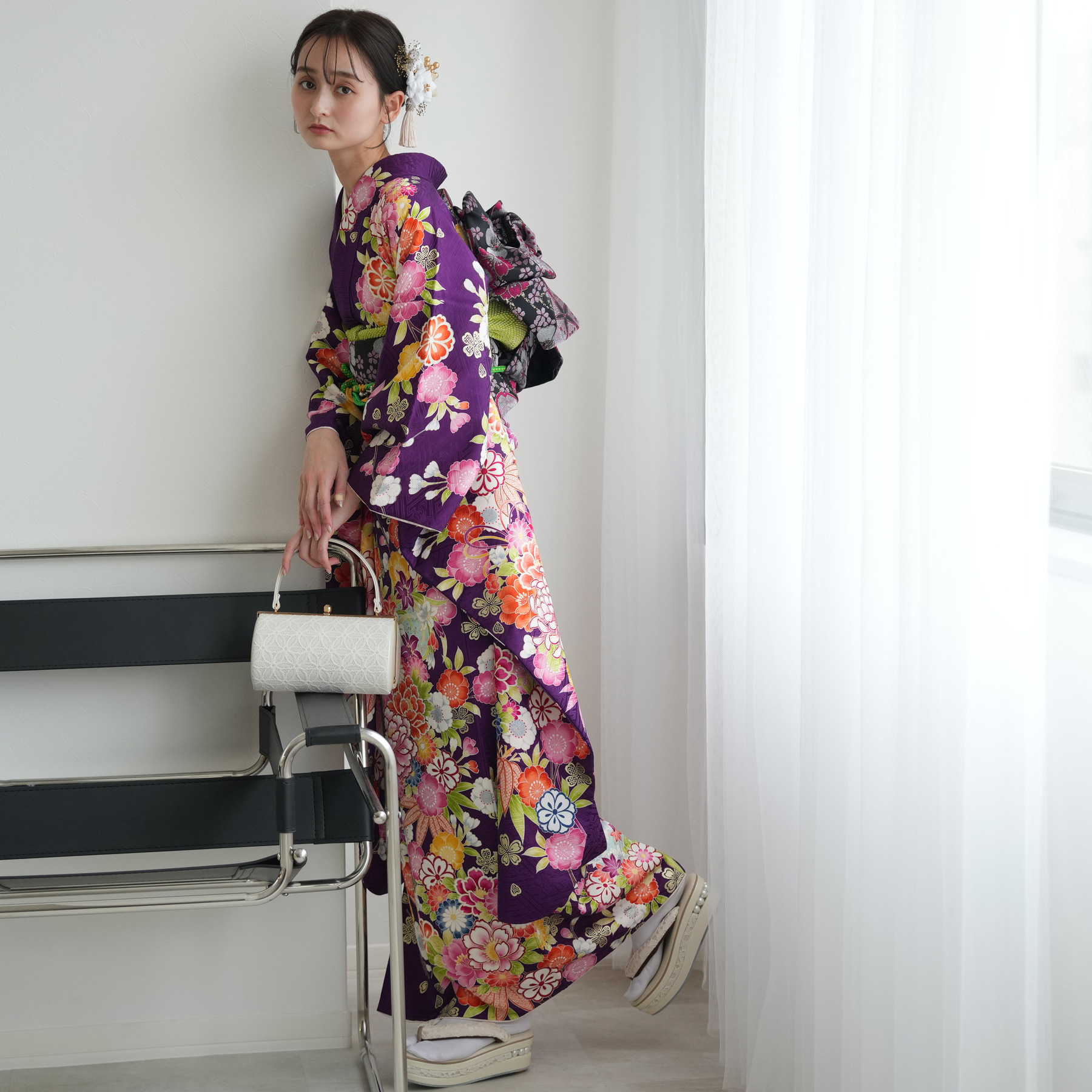 振袖 レンタル 成人式 21点セット レトロ 成人式セット 花 紫系 正絹