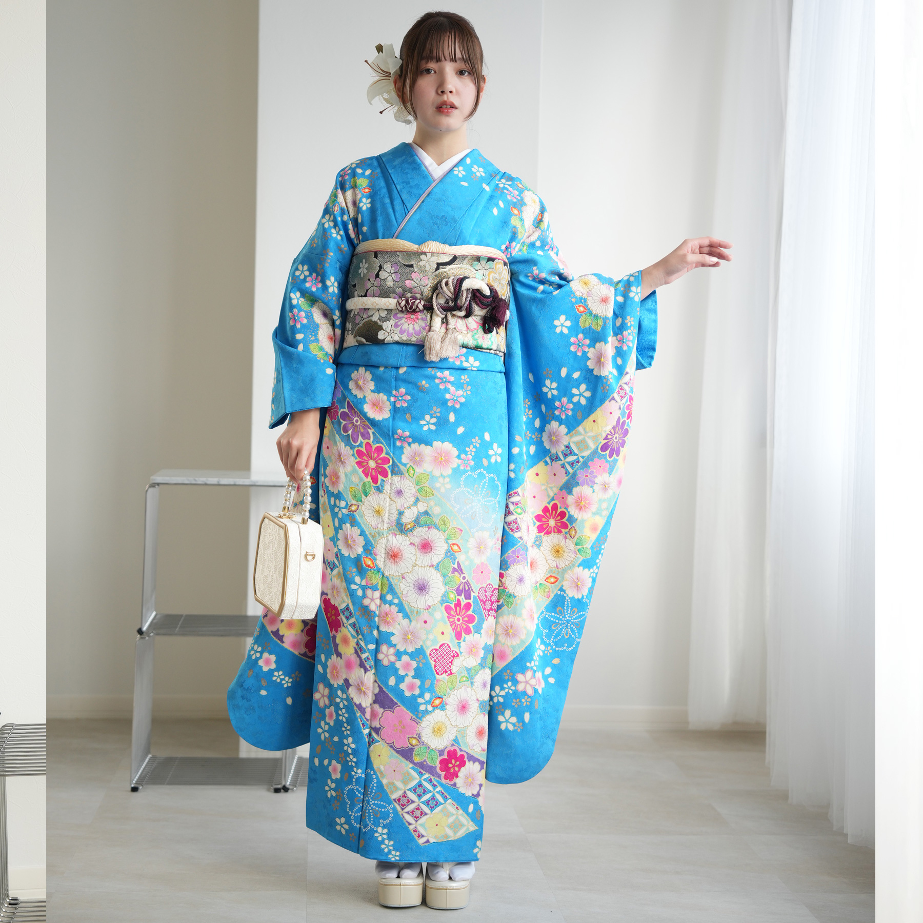 振袖 水色 花柄 セット 成人式 結婚式 振袖 レンタル 成人式 21点セット