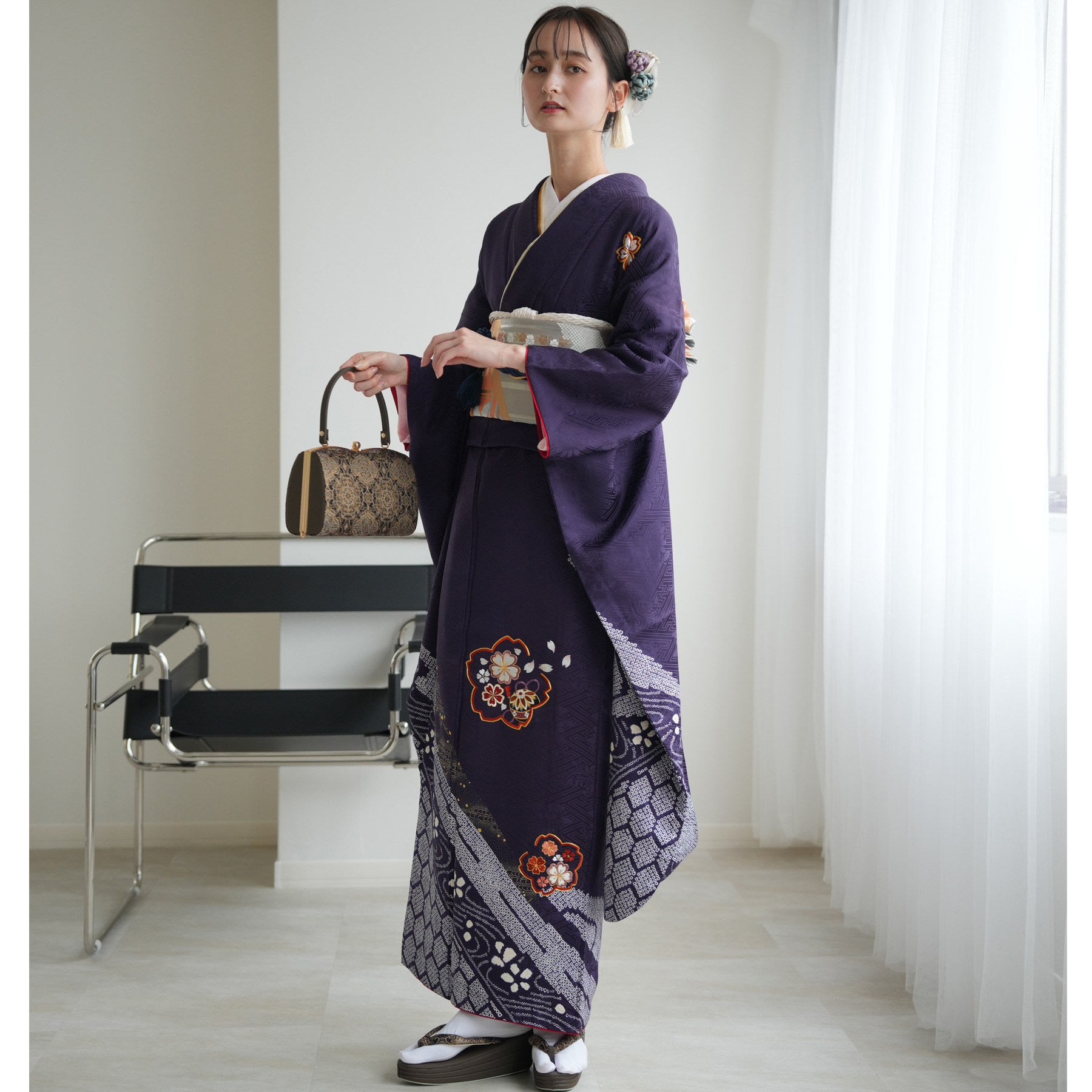 振袖 レンタル 成人式 21点セット レトロ 成人式セット 花 正絹 古代紫