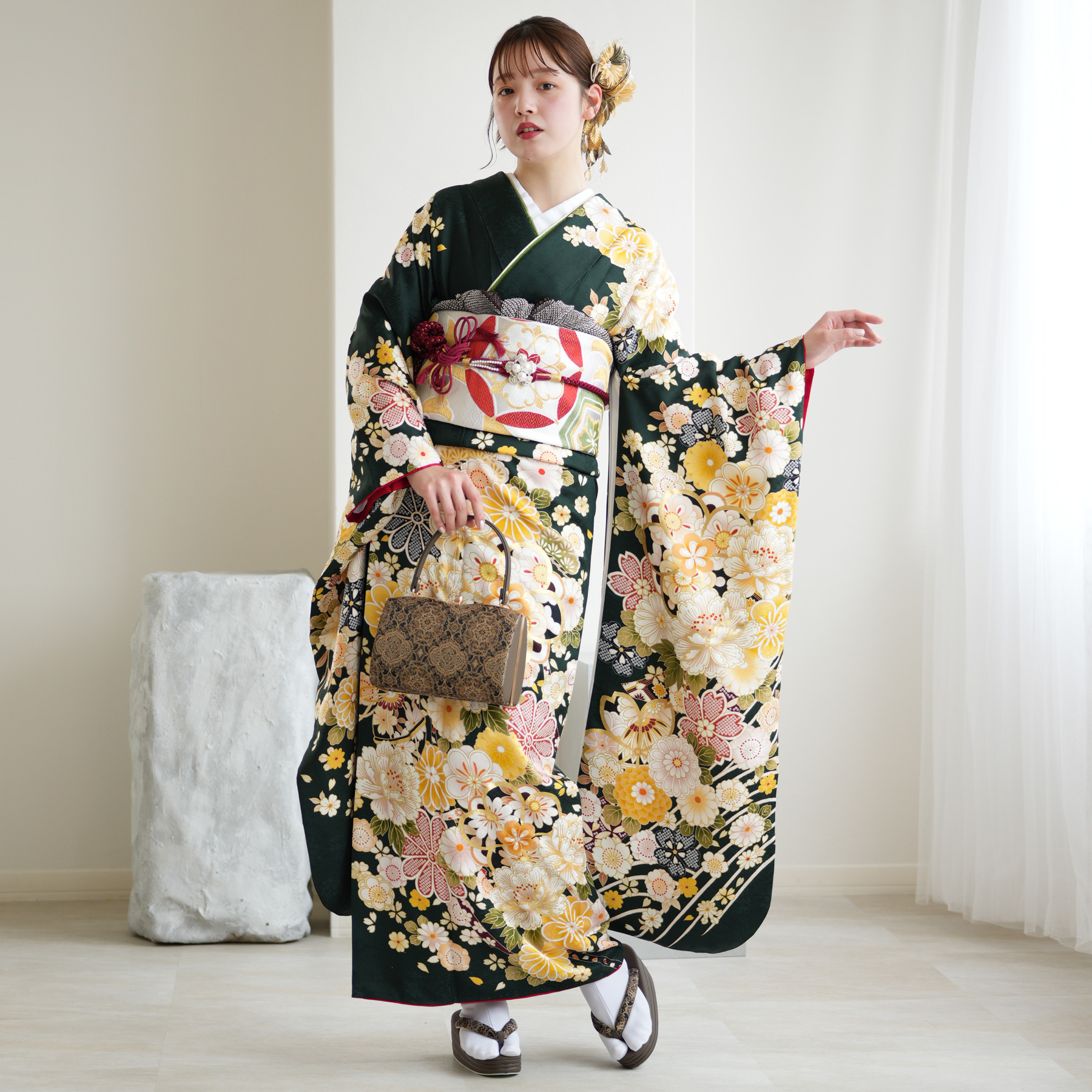 レンタル 振袖 正絹着物+袋帯 21点セット 絵羽 深緑に古典花霞 成人式