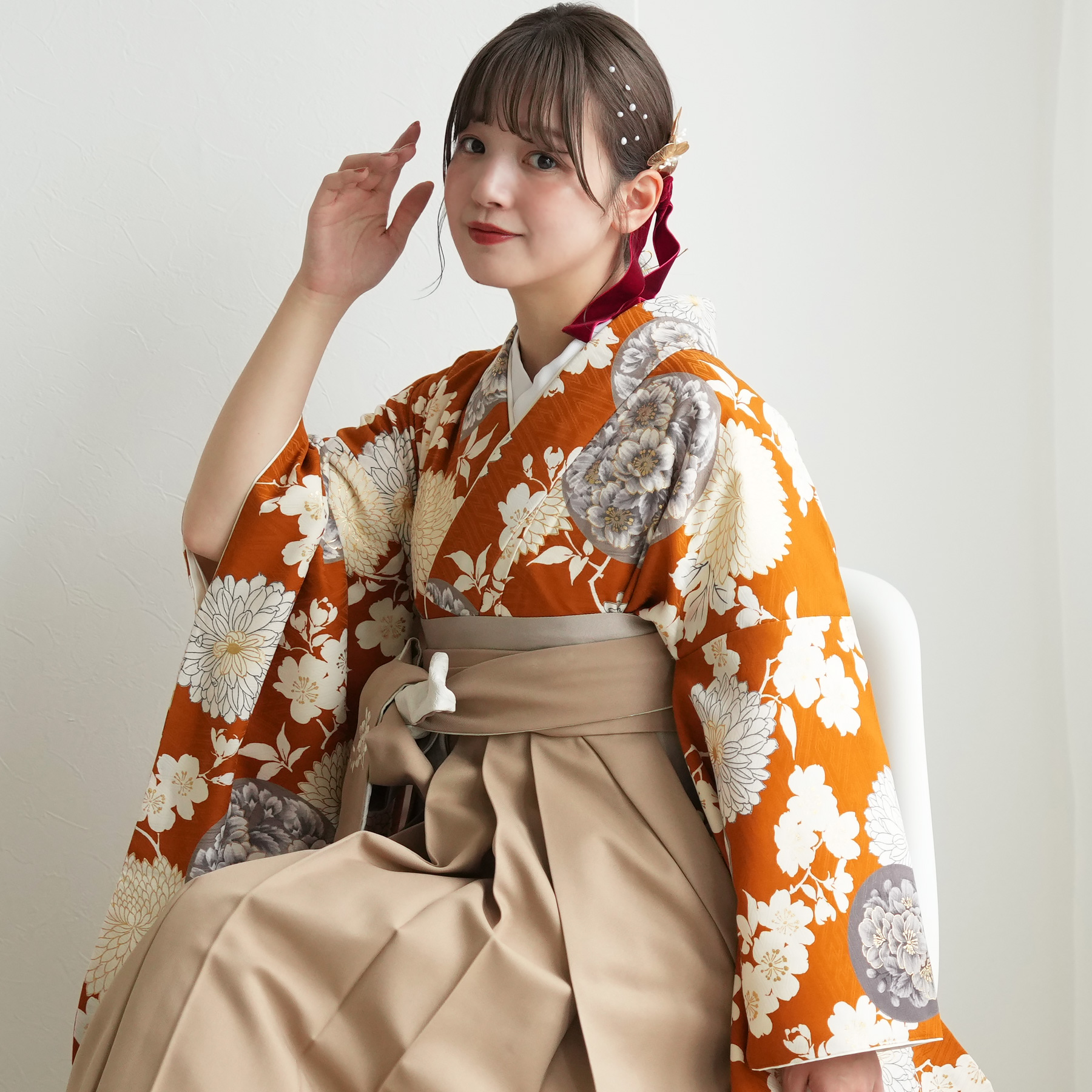 2尺袖 ポリエステル着物 九重 袴用 椿 大正ロマン調 2尺袖