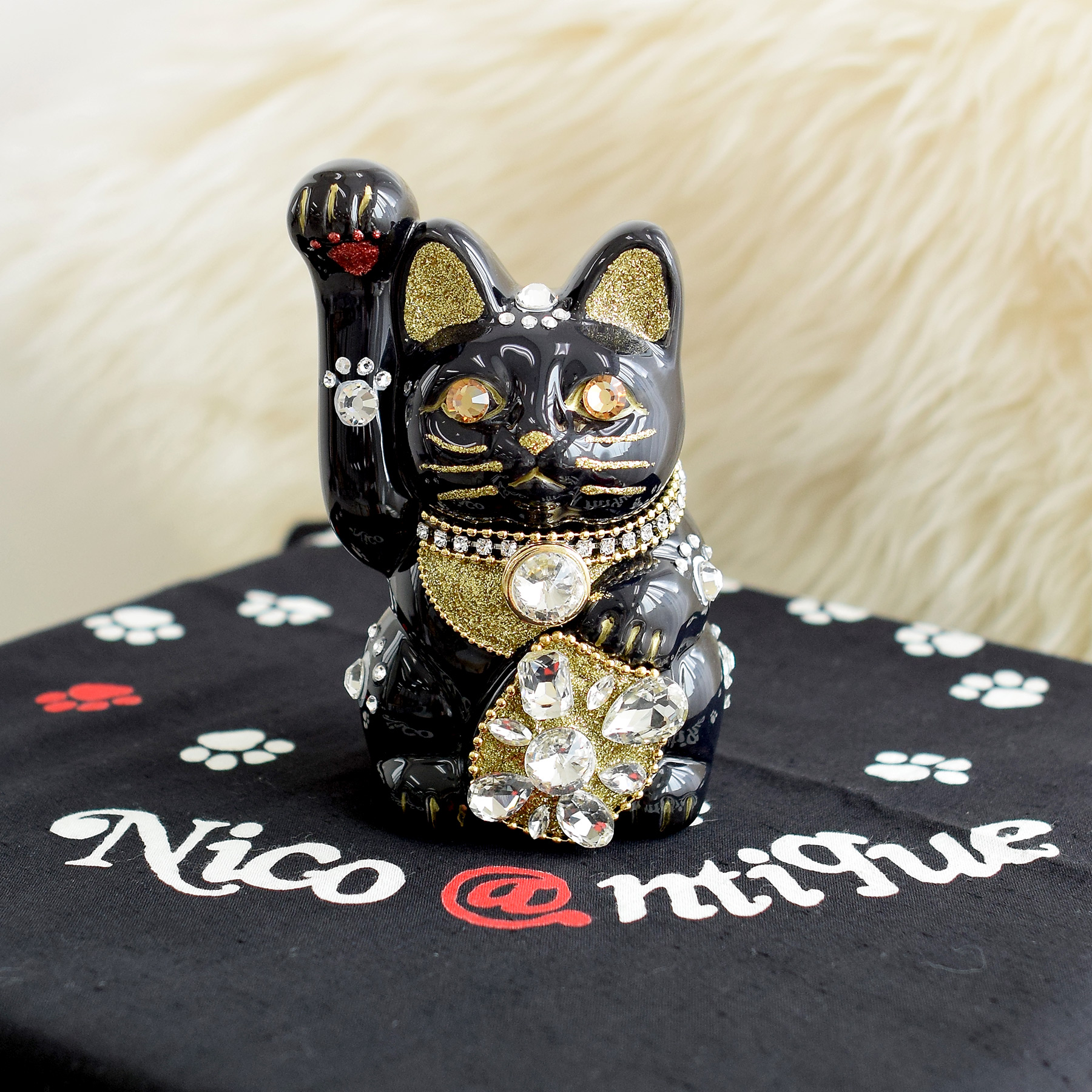招き猫 置物 おしゃれ ニコアンティーク×ご縁猫 ねこ球左衛門 手ぬぐい