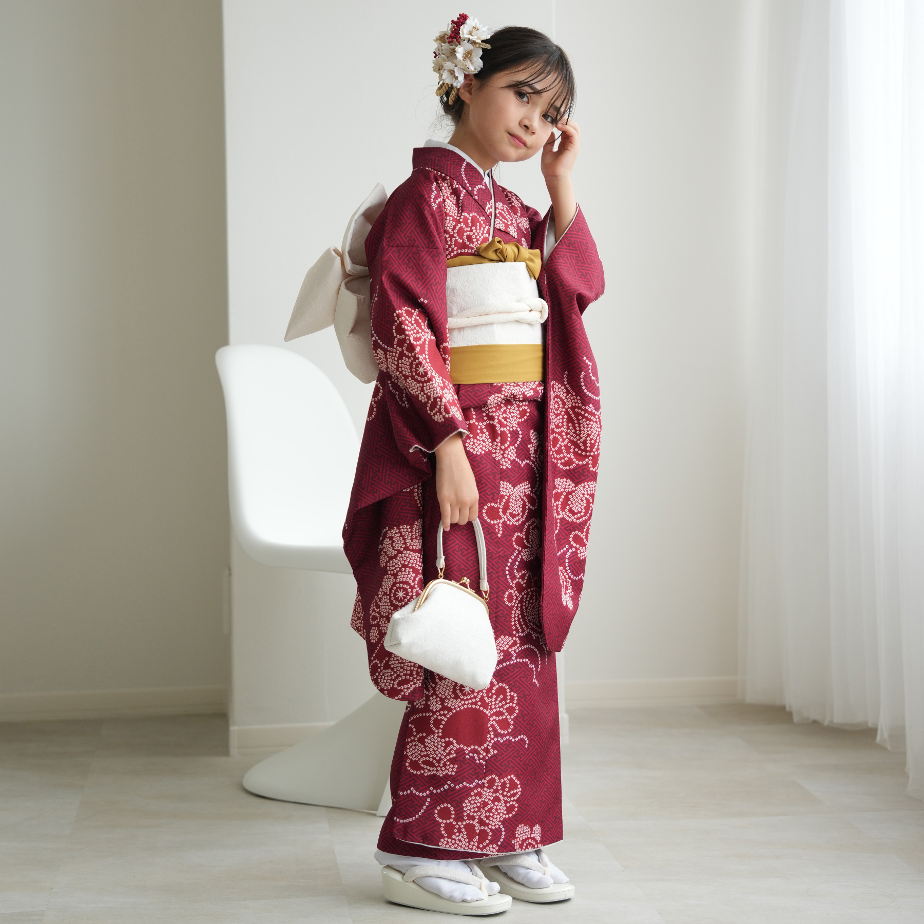 振袖 女の子 小学生 10歳 ひよこ商店 振袖セット えんじの絞り柄