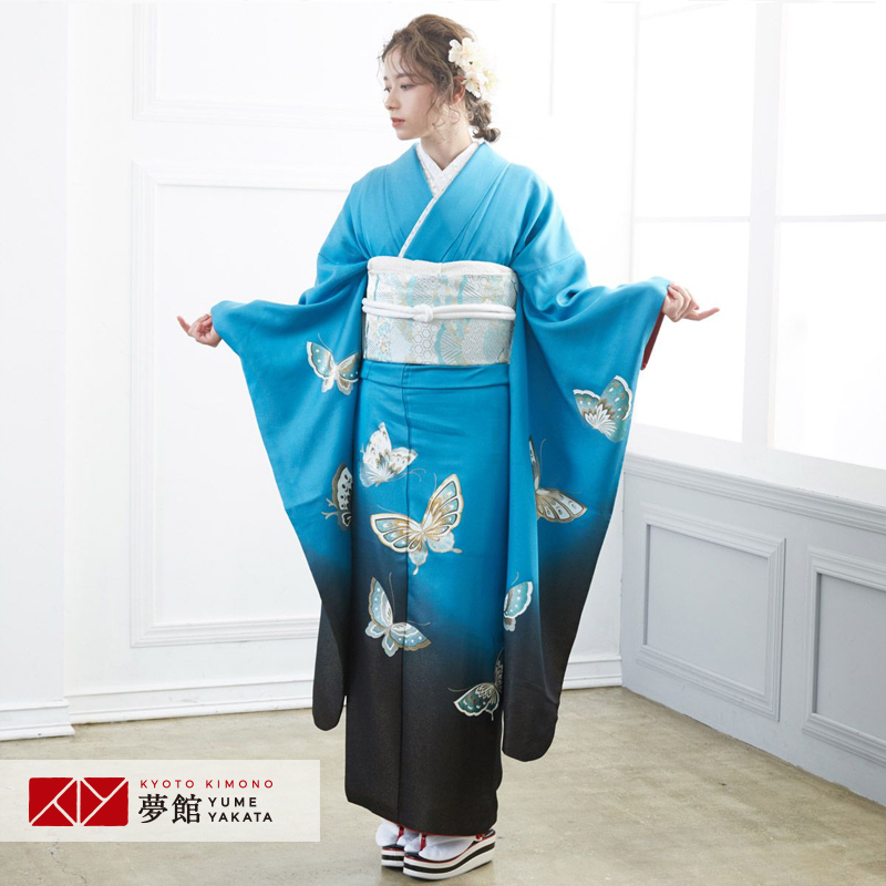 ブルーグレーの蝶花模様♡振袖フルセット 成人式前撮り謝恩会結婚式